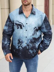 Manfinity LEGND Camisa casual de manga larga con botones y estampado manual para hombres de talla grande, otoño