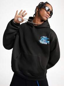 Manfinity VCAY Men's Loose Printed English Text Hooded Sweater - Black - View 2