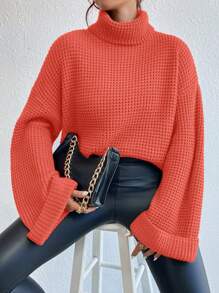 EMERY ROSE Women's Solid Color Loose Fit Turtleneck Drop Shoulder Knit Pullover Sweater, Autumn/Winter, Knit Pullover Fall - Orange - View 3