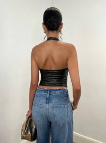 SHEIN BAE 女士纯色露背简约吊带背心，休闲日常装秋装 PU 弹力秋季女装秋季女装秋季上衣冬季女装 - 黑色 - 查看 2