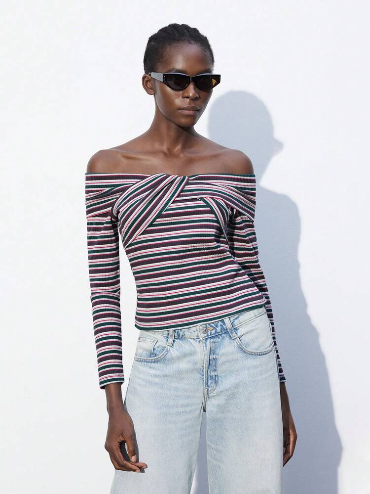 SHEIN Maija Women's Casual Striped Off-Shoulder Long Sleeve T-Shirt, Spring And Autumn