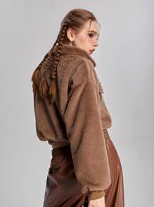 SHEIN 青少年女孩休闲落肩宽松翻领细节半拉链短款毛绒运动衫 - 棕色 - 查看 2