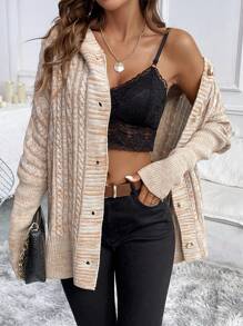 Chiquease Sudadera con capucha de manga larga informal con botones frontales de impresión completa - Caqui - Ver 4