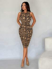 SHEIN SXY Women's Geometric Print Round Neck Fitted Casual Tank Dress, Summer - Khaki - View 5
