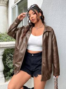 SHEIN EZwear Chaqueta de talla grande de piel de imitación desgarrada y de corte holgado, para invierno - Marrón Mocha - Ver 7