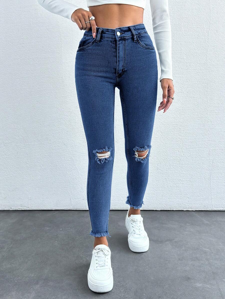 SHEIN Cottnline بنطلون جينز ممزق بقصة ضيقة للنساء ،نساء صغيرات الحجم - أزرق داكن - مشاهدة 1