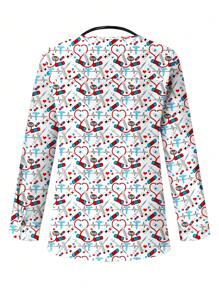 PopScrub Women's Printed Casual Long Sleeve  Uniform Jacket, Scrub Outerwear, Spring/Autumn - White - View 2