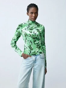 Maija Women's Velvet Floral Print Stand Collar Long Sleeve Casual T-Shirt, Autumn/Winter