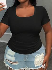 Slaydiva Plus Size Simple Casual Scoop Neck Short Sleeve Gathered Waist White Summer T-Shirt - Black - View 5