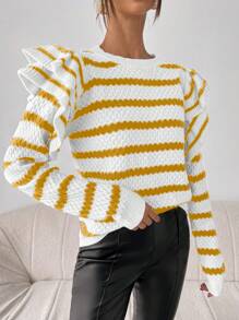 Chiquease Crew Neck Striped Casual Long Sleeve Sweater, Knit Pullover Fall Winter - Multicolor - View 4