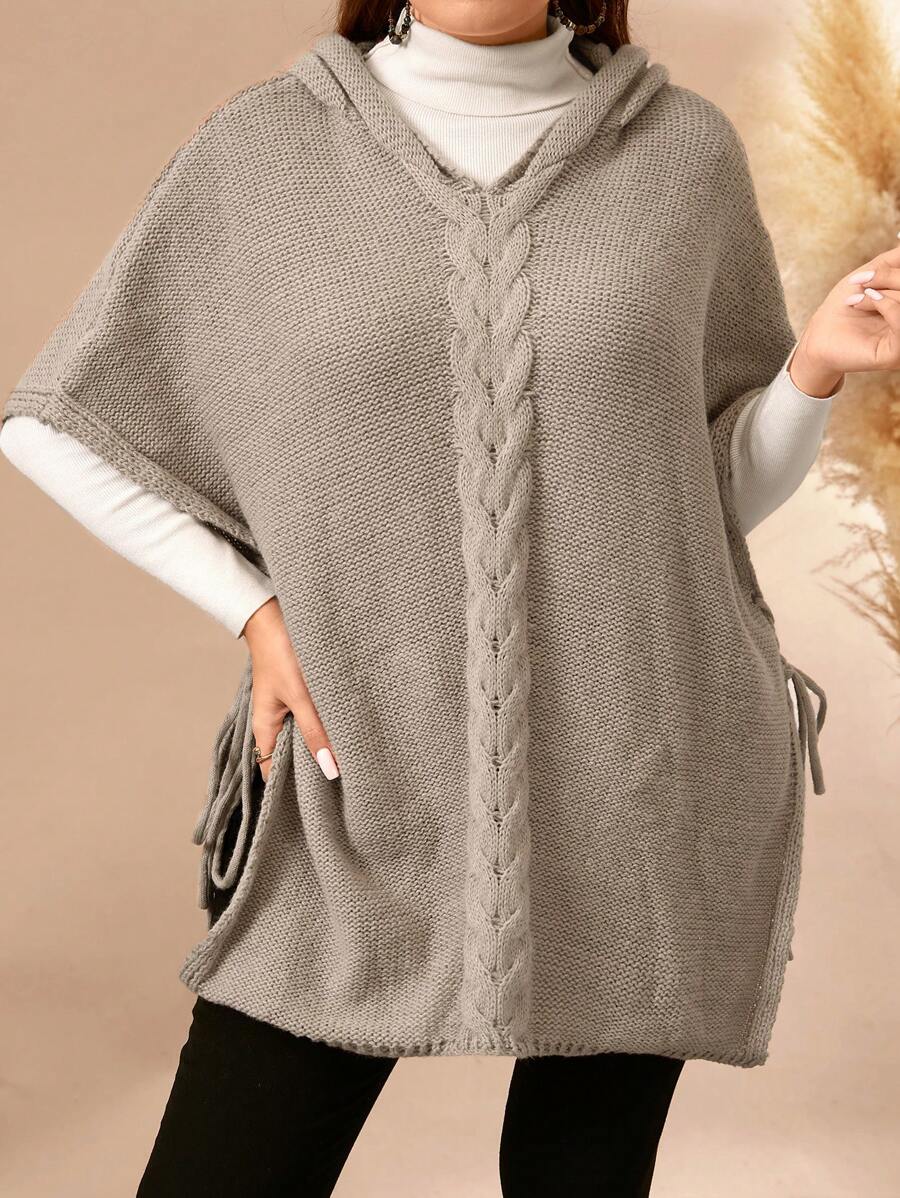 Plus Size Hooded Collar Cable Cable Solid Color Batwing Sleeve Pullover Sweater Knit Pullover Fall Winter - Khaki - View 1