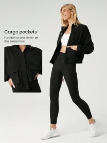 GLOWMODE 莫代尔羊毛保暖弹力宽松工装夹克，带侧袋，日常休闲冬季 - 黑色 - 查看 6