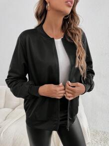 SHEIN Essnce Women's Graphic Print Thermal Lined Zip-Up Jacket - The Floral Design Is Copyrighted