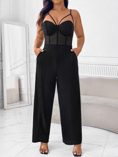 SHEIN Privé 加大码纯色网眼撞色镂空口袋无袖连体裤