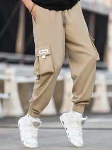 Manfinity Homme Men's Plus Size Letter Patched Flap Pocket Drawstring Waist Loose Cargo Pants - Khaki - View 5