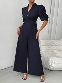 Chiquease Mono de pierna ancha con cuello en V, mangas abullonadas y cintura ceñida para mujer, verano