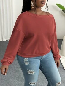 Slaydiva Sudadera con capucha con cuello asimétrico y botones de talla grande, elegante y casual, en color blanco sólido, para mujeres, otoño e invierno