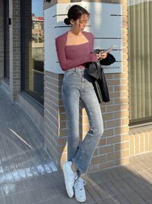 DAZY 女式纯色长袖休闲紧身高领上衣，春秋装，秋季女装