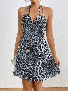 Calvaya Vestido casual con estampado de leopardo y detalle de amarre en la parte trasera para mujer