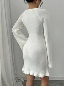 Elenzga Women's Solid Color Round Neck Raglan Sleeve Elegant Sweater Dress, Spring Autumn Fall Cloth For Women - White - View 2