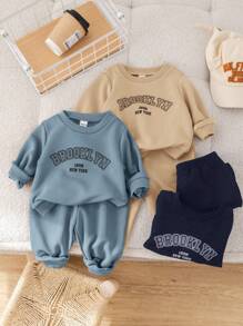 SHEIN Leap Crew Bộ 6 món/Bộ quần áo nỉ dài tay in chữ thời trang dễ thương cho bé trai và quần dài cạp chun, thích hợp mặc ở nhà và ngoài trời, mùa thu và đông - Màu xanh lam - Xem 3