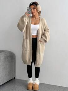 Flirla Cárdigan casual suelto de manga larga con hombros caídos y bolsillos de unicolor para mujer, otoño e invierno