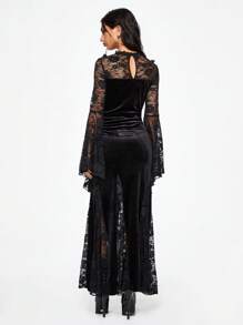 ROMWE Goth 女式黑暗女巫风格蕾丝拼布喇叭袖紧身美人鱼连衣裙 - 黑色 - 查看 4