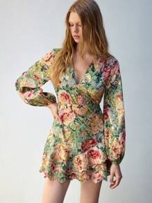 Maija V-Neck Floral Print Elegant Long Sleeve Spring/Summer Casual Mini Dress, Suitable For Vacation & Beach
