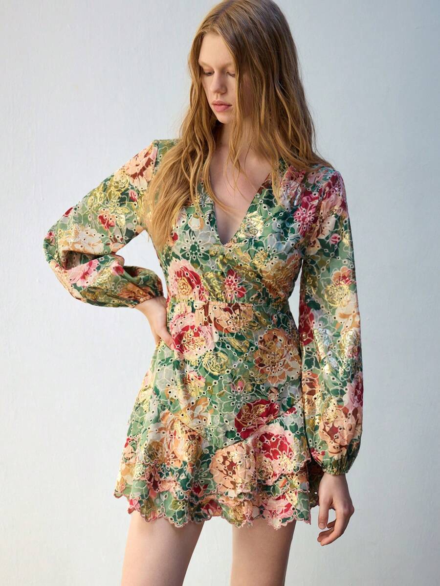 Maija V-Neck Floral Print Elegant Long Sleeve Spring/Summer Casual Mini Dress, Suitable For Vacation & Beach