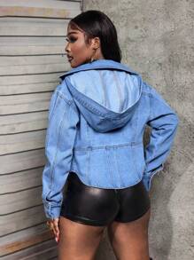 SHEIN Slayr Jaket Denim Kasual Musim Gugur dengan Tali Serut di Pinggang dan Tudung - Light Wash - View 2