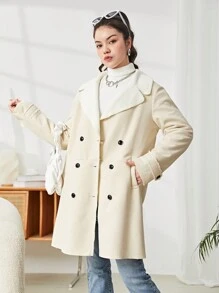 SHEIN 少女编织纯色仿羊毛衬里双排扣翻领口袋宽松休闲外套