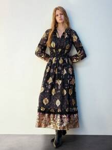 Maija Vintage Print Ruffled Hem Pleated Long Dress, Suitable For Spring/Summer Resort, Beach Festival