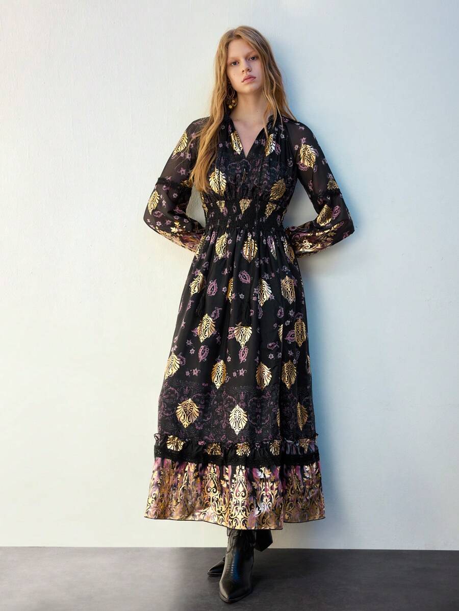 Maija Vintage Print Ruffled Hem Pleated Long Dress, Suitable For Spring/Summer Resort, Beach Festival