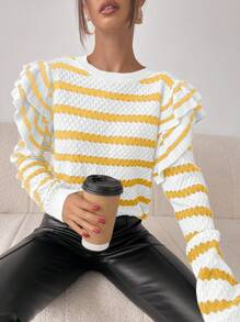 Chiquease Crew Neck Striped Casual Long Sleeve Sweater, Knit Pullover Fall Winter - Multicolor - View 3