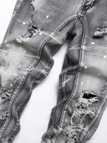 Manfinity LEGND Men's Casual Street Ripped Jeans, Men Distressed Jeans, Ripped Jeans Men, Men Paint Splatter Jeans - Light Grey - View 3