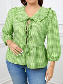 SHEIN Essnce Bluzka damska w kratkę gingham w dużych rozmiarach, z bufiastymi rękawami i kokardą z przodu