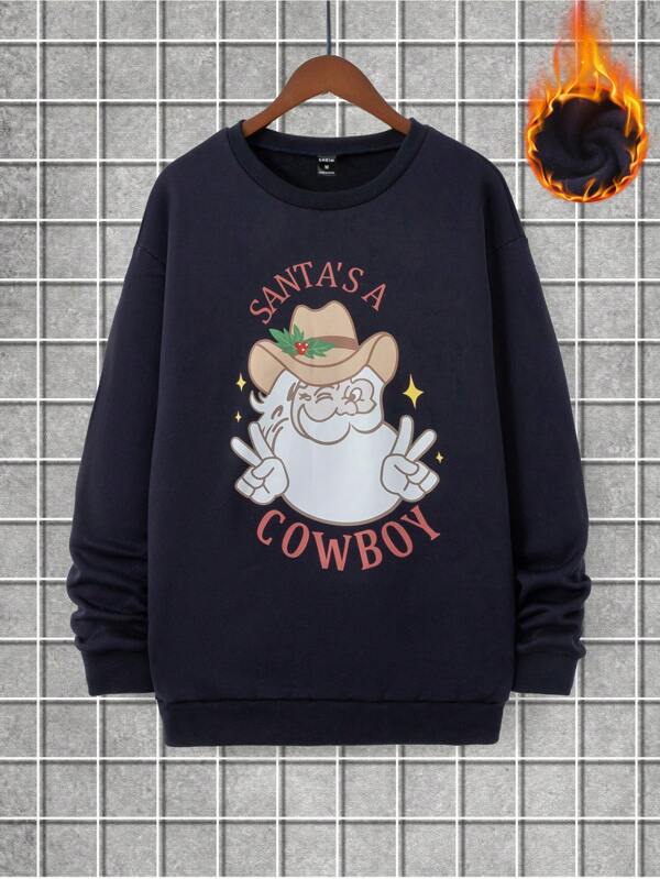 1pc Blue Casual Graphic Printed Thermal Lined Round Neck Dropped Shoulder Long Sleeve Father's Day Dad Sweatshirt, Suitable For Everyday Family Activities And Outings In Autumn/Winter