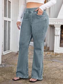 EURMUSE Quần Jeans Ống Loe Co Giãn Eo Túi Xiên Thường Ngày Cỡ Lớn Giặt Nước, Mùa Thu - Màu xanh nhạt - Xem 5