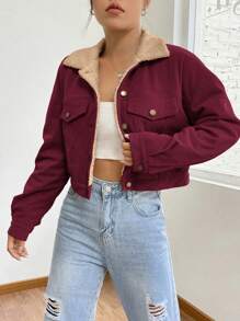 SHEIN EZwear 女士卡其色羊毛卡车司机前口袋厚翻盖细节保暖衬里落肩泰迪衬里冬季柔软灯芯绒短款夹克 - 酒紅色 - 查看 4