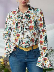 Frida Kahlo X SHEIN Women's Elegant Floral Print Ruffle Trim White Long Sleeve Top ,Fall Vintage Button Up Shirt - Multicolor - View 1