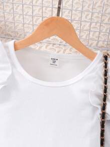 2 件套 青少年女孩荷叶边肩长袖上衣和短裙短裤套装 - 紅色 - 查看 6