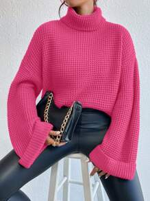 Calvaya Suéter de cuello alto suelto de un solo color con hombros caídos, otoño e invierno, para mujer