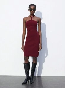 Maija Women's Autumn Knitted Wine Red Solid Turtleneck Fitted Elegant Sweater Dress