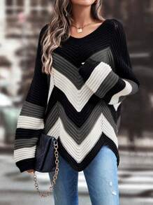 SHEIN LUNE Women's Autumn & Winter Loose Round Neck Striped Dropped Shoulder Long Sleeve Sweater Knit Pullover Fall - Grey - View 3