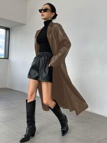 DAZY 1件女士纯色口袋系带腰部休闲长袖风衣外套，秋季女装女式外套 - 摩卡棕 - 查看 4