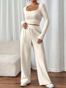 SHEIN Frenchy Bộ 2 áo len dệt kim cổ tròn tay dài màu trơn và quần âu thường ngày cho nữ, mùa xuân/thu - Màu be - Xem 1