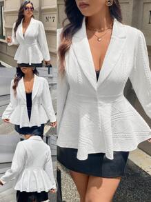 Celure Plus Size Notched Lapel Long Sleeve Button Front Minimalist Blazer, Casual Wear - White - View 3