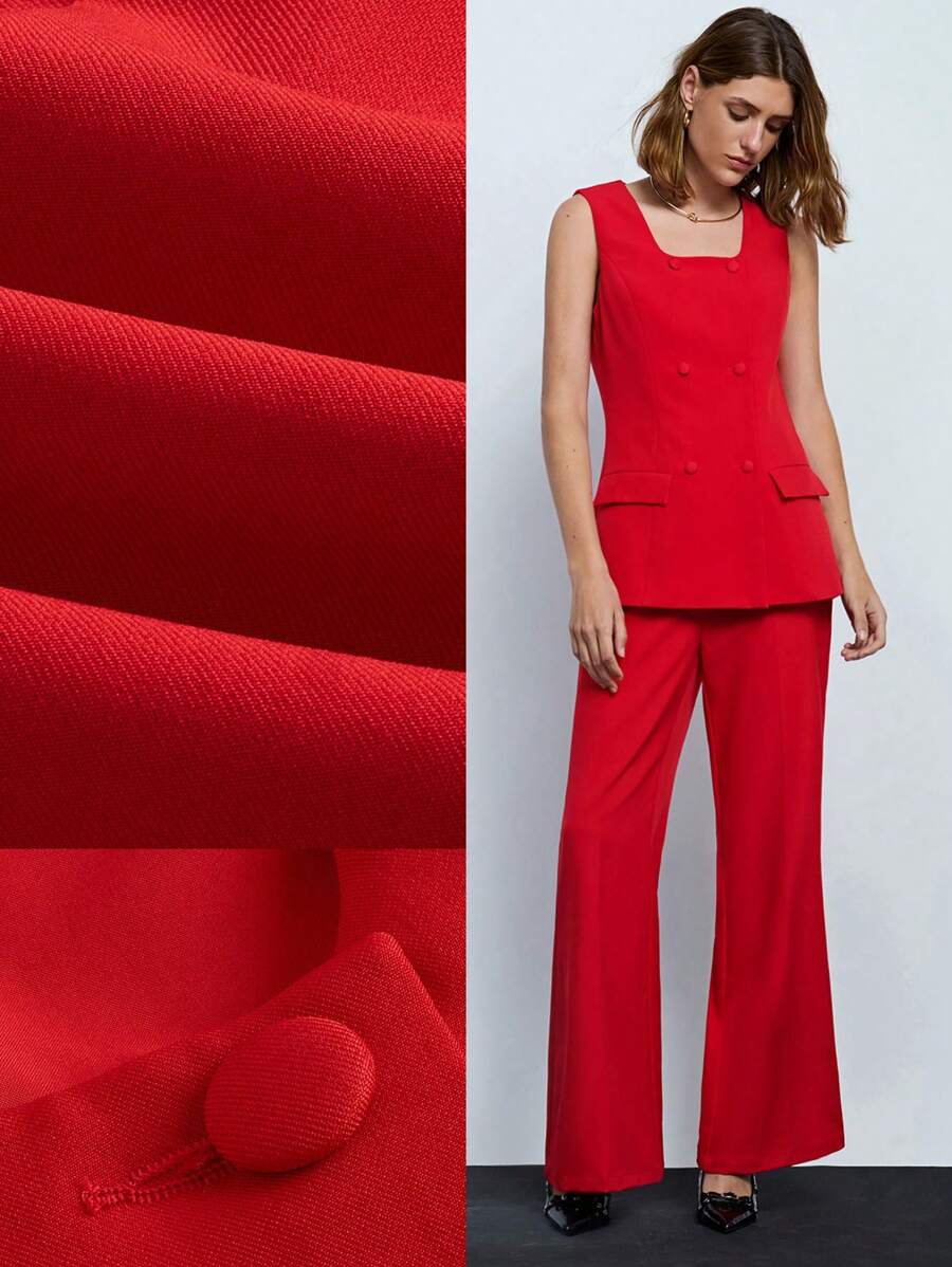 Maija 无袖双排扣时尚都市红色春夏女士套装，简约经典百搭时尚