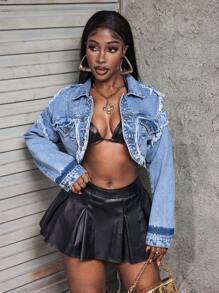 SHEIN Slayr Autumn Casual Frayed Hem Dropped Shoulder Short Denim Jacket
