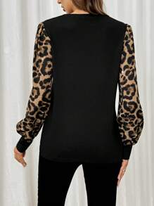 EMERY ROSE 春夏圆领泡泡袖灯笼袖撞色豹纹休闲度假长袖T恤